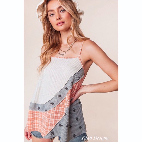 ❤️Tank SALE! Limited! Color Block ⭐️ Star/Plaid Print Linen Reverse Stitch Top! - Picture 7 of 7